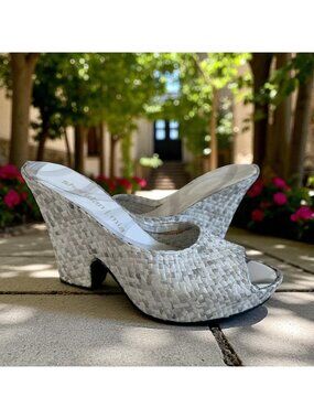 SHERIDAN MIA White Silver Woven Leather Sandals Heels Size 39